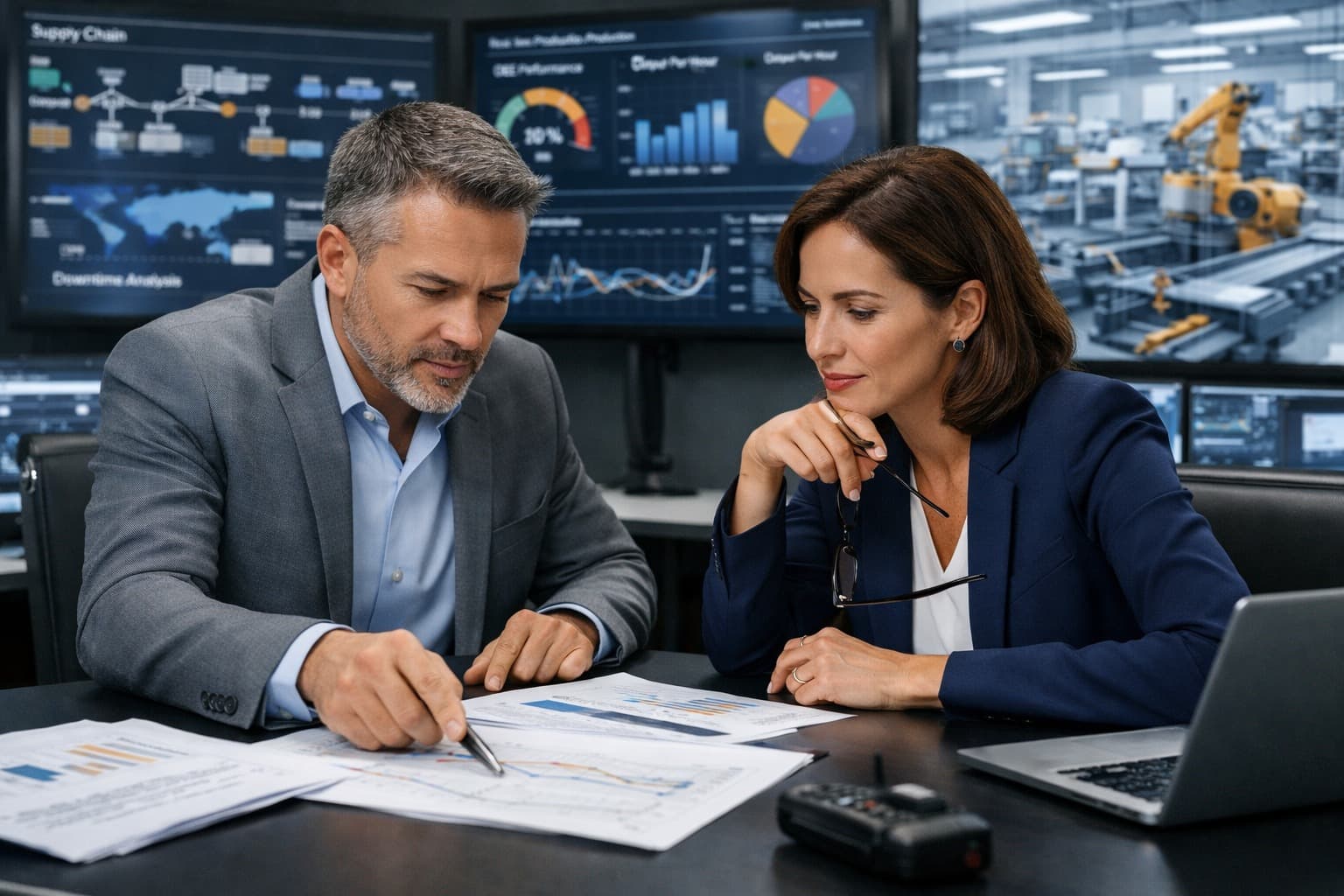 Ejecutivos analizando datos estratégicos en sala de control con dashboards operativos