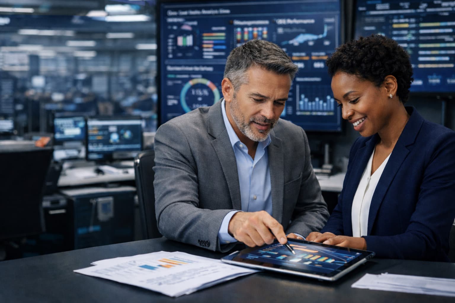 Ejecutivos analizando KPIs operativos en dashboard digital - Dirección y Excelencia en las Operaciones