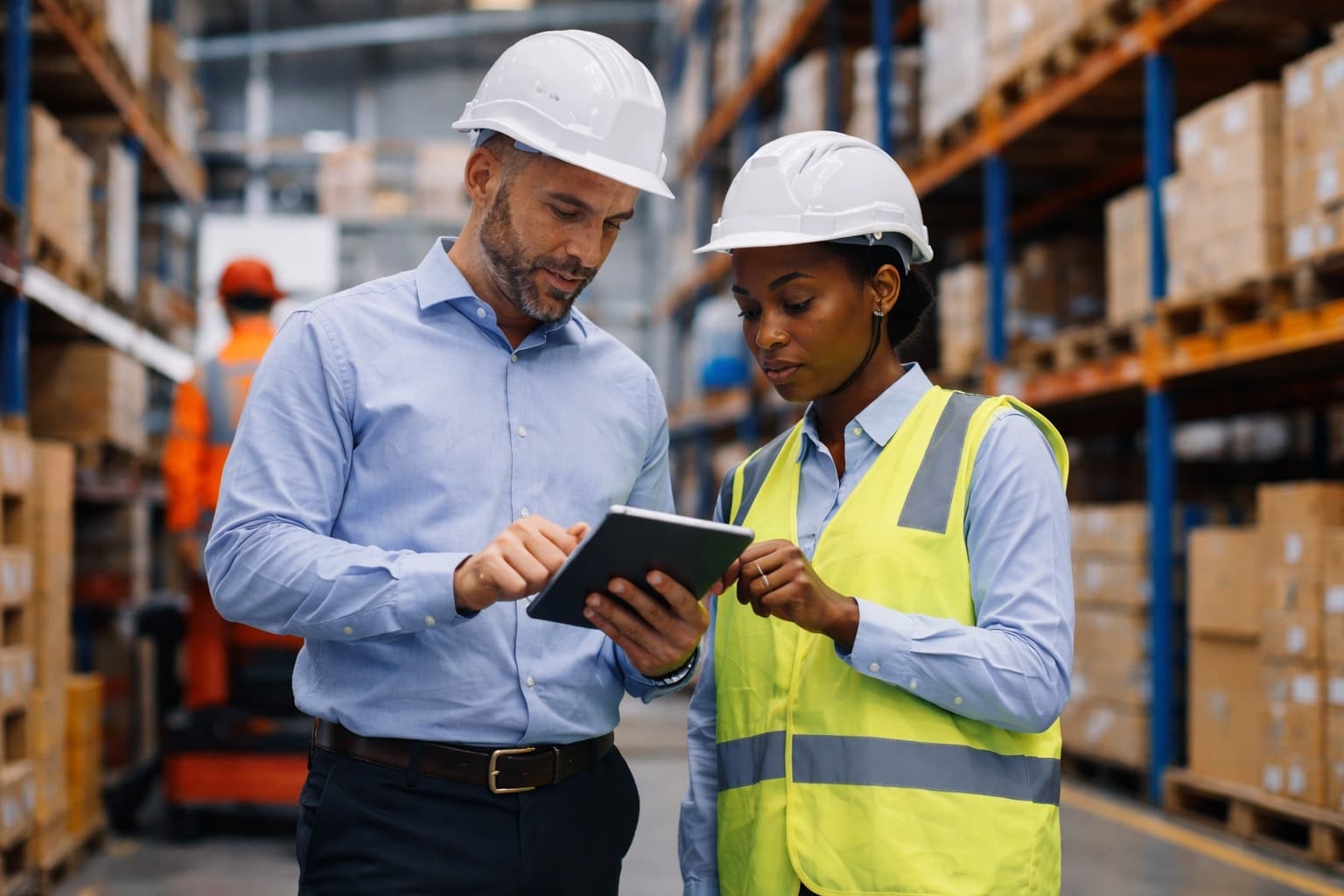 Profesionales en almacén logístico analizando tablet - Cadenas de Valor Inteligentes