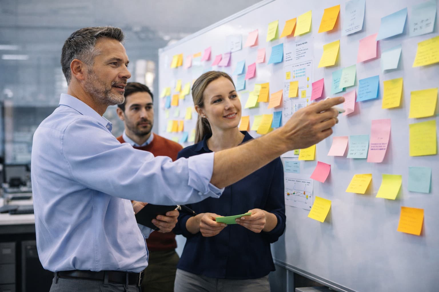 Equipo ejecutivo colaborando de forma ágil en sesión con pizarra - Lean & Agilidad Empresarial