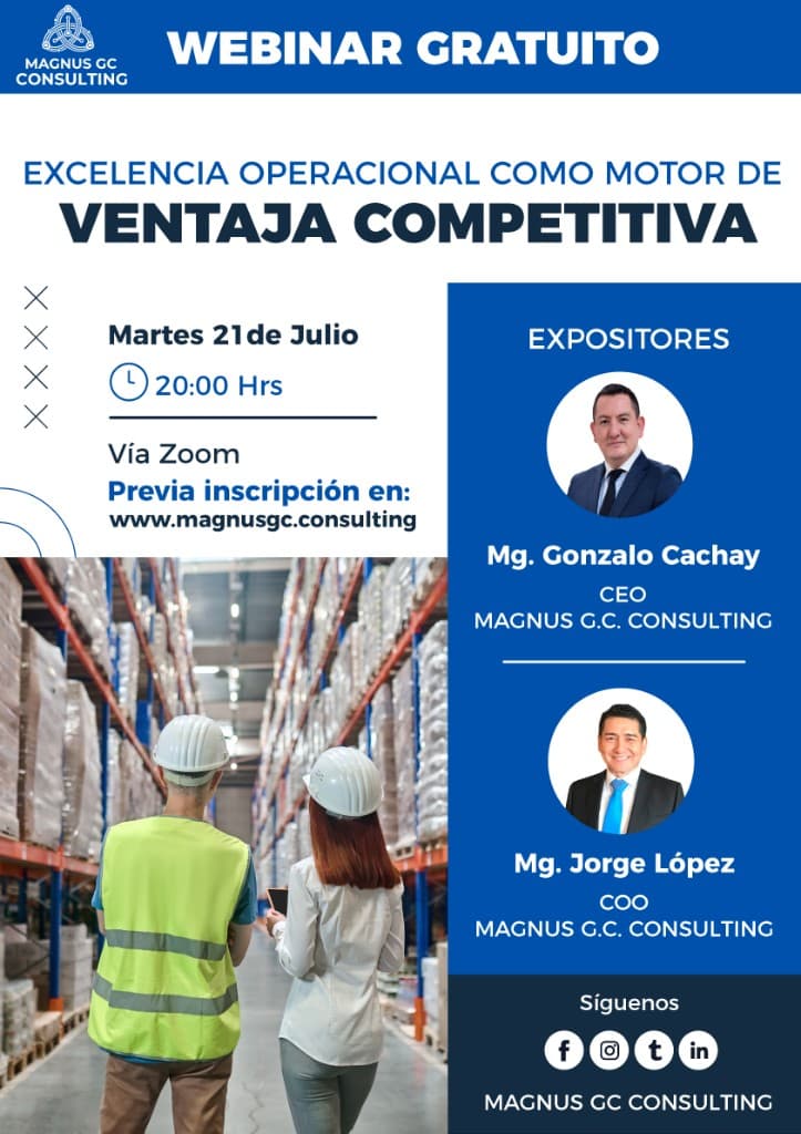 Flyer del webinar gratuito Excelencia Operacional como Motor de Ventaja Competitiva — 21 de julio, 20:00 hrs