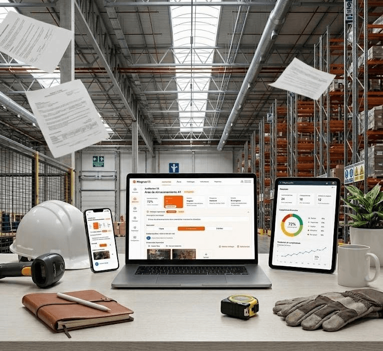 Magnus 5S en laptop, tablet y móvil — auditorías digitales en almacén